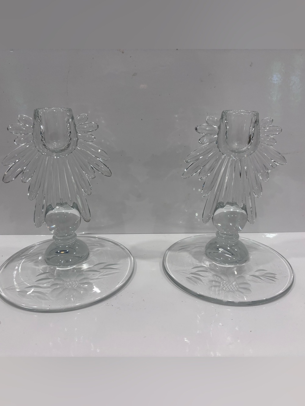 EUC Matching Sunburst Crystal Glass Candle Holders Candlestick Holders